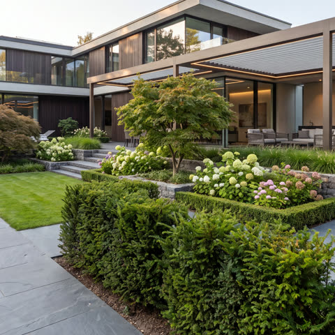 Gartengestaltung in NRW – moderner Garten mit gepflasterter Terrasse