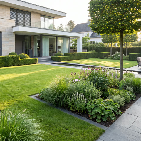 Gartenpflege in NRW – gepflegter Garten mit Formhecken