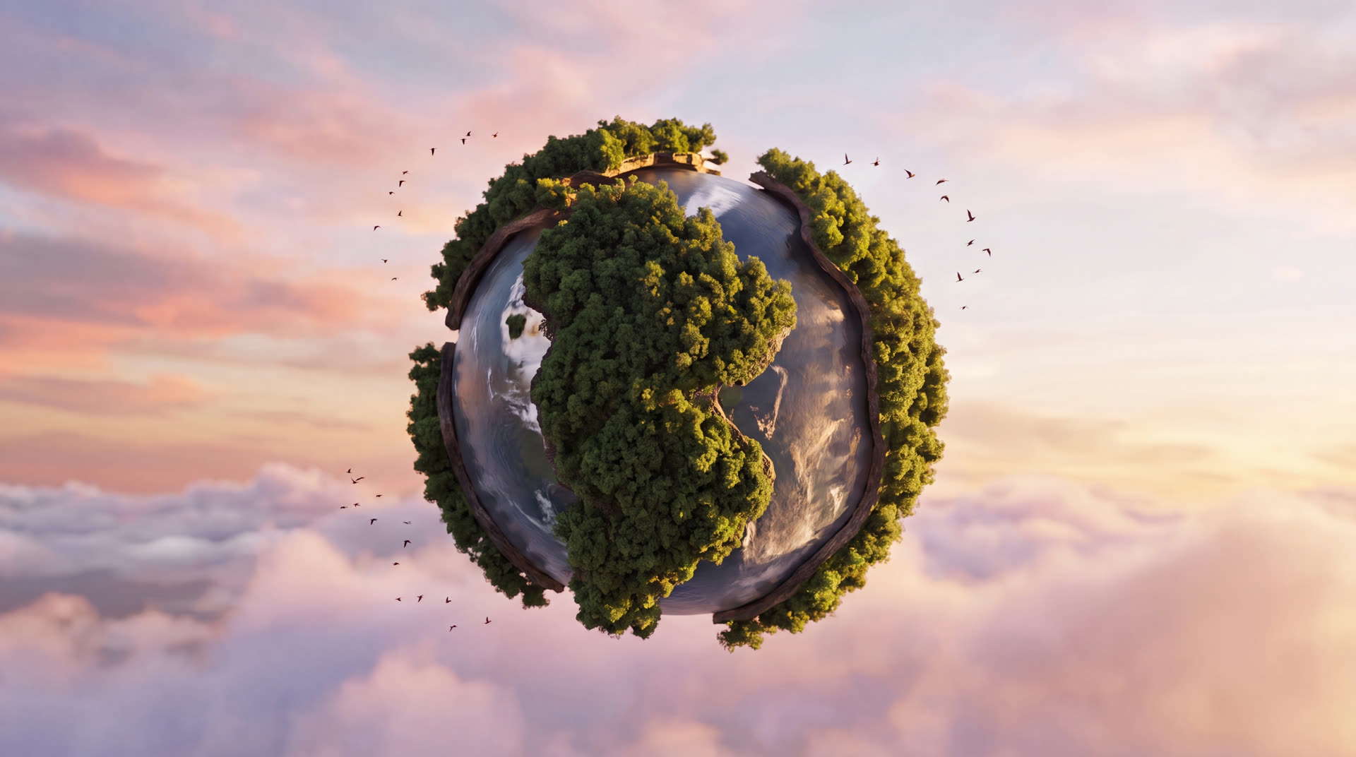 Aliovski Garten- und Landschaftsbau – künstlerische Darstellung eines begrünten Planeten bei Sonnenuntergang
